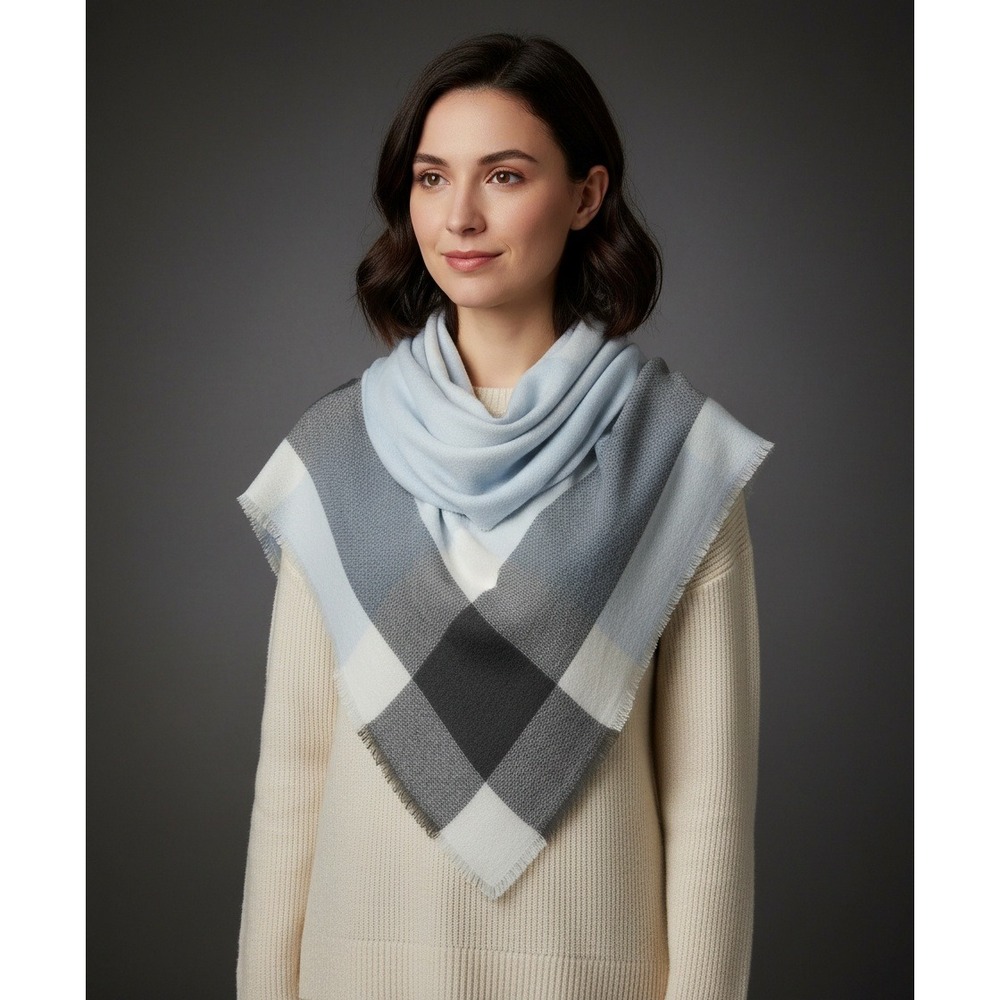 Womens Oversized Plaid Triangle Scarf Blue Grey White Fringed Shawl Wrap
